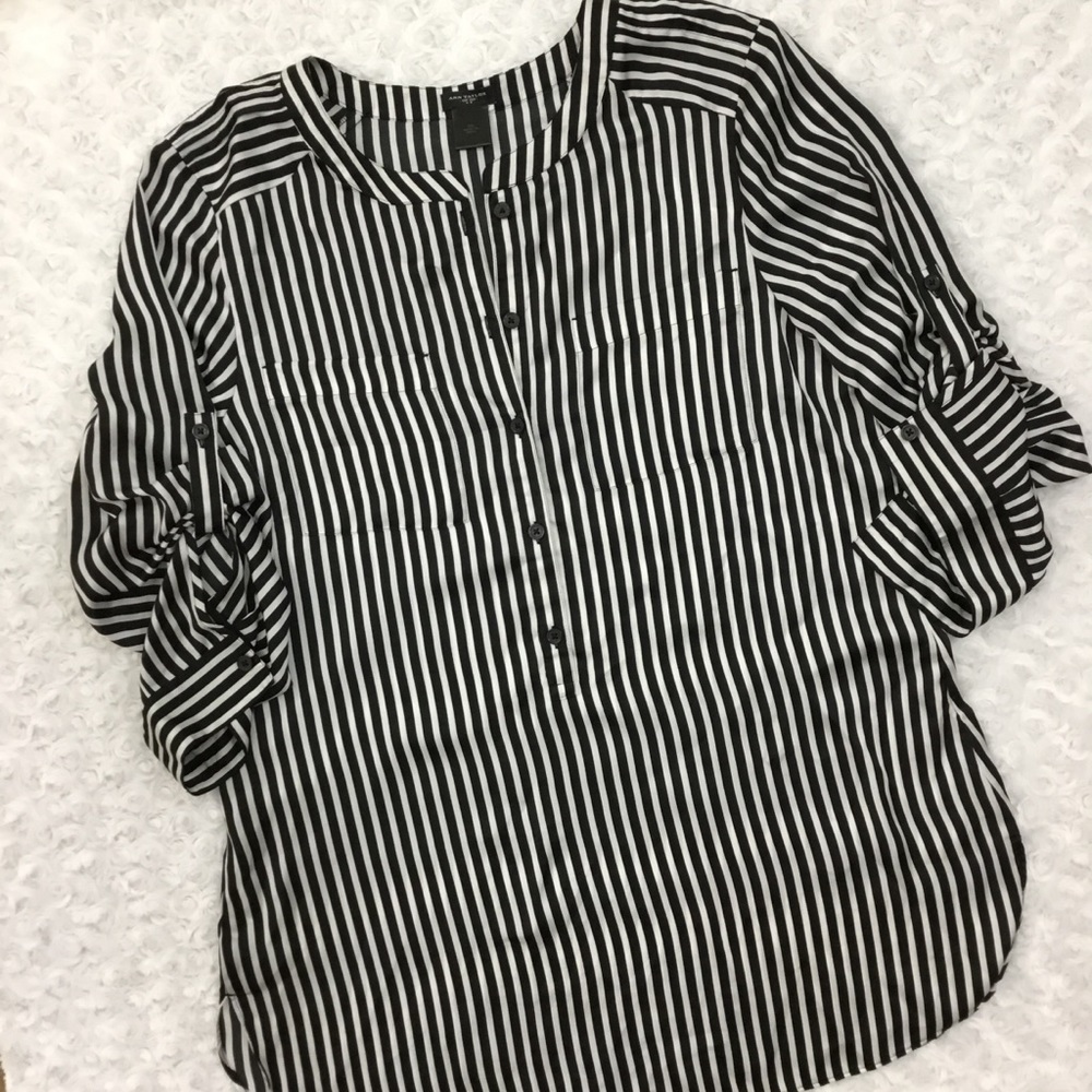 Ann Taylor Vertical Stripes  Roll Up LS Tunic Top